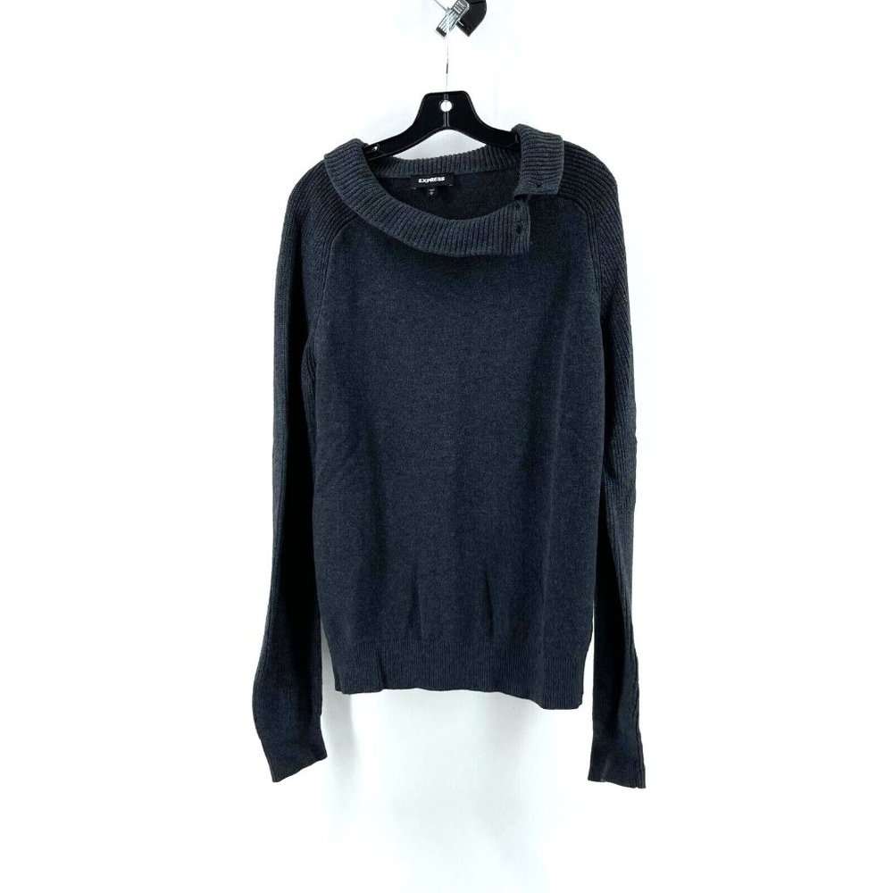 Express Women's Gray Knit Long Sleeve Button Cowl Neck Tunic Sweater Size Medium